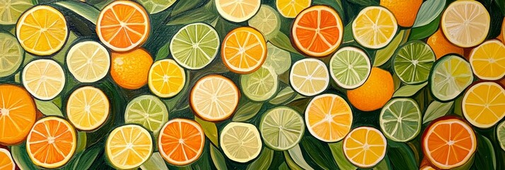A captivating arrangement of citrus fruits - oranges, lemons, and limes - sliced and presented in a visually appealing pattern, symbolizing freshness, vitality, and the beauty of nature.
