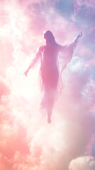 Naklejka premium A figure in flowing robes ascends through soft colorful clouds.