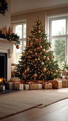 Cozy Christmas living room with decorated tree, presents, and fireplace