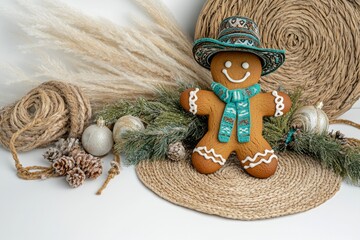 Fototapeta premium a chritmas gingerbread boy western style turquoise accents white background