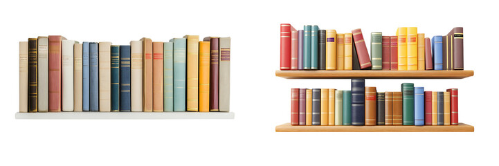 Set of a full bookshelf with books in various colors, isolated on a transparent background.