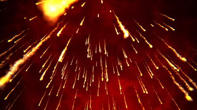 Abstract Animation Of Fire Rain Night Volcano Eruption Shining Particles Sparkles On A Red Background Powerful Fireballs Of The Bright Glowing Lava Rocks