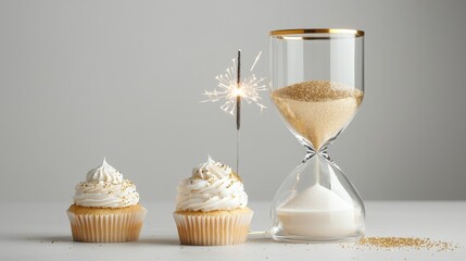 Two elegant cupcakes next to an hourglass, symbolizing the passage of time and celebration, highlighted by festive sparkles.