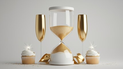 A golden hourglass flanked by champagne flutes and cupcakes, highlighting a celebratory theme with elegant decorations.