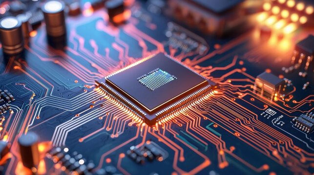 Illuminated Circuit Board with AI Text Overlay