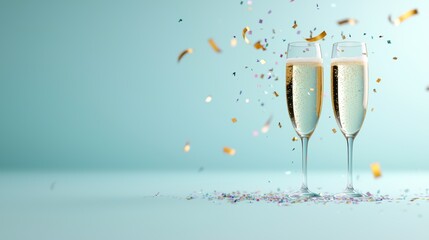 Two elegant champagne flutes filled with bubbly drink, surrounded by sparkling confetti, set against a soft blue background.