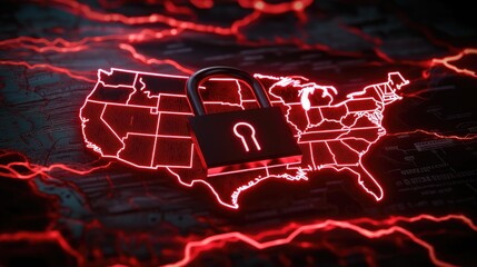 3D Rendering of United States Map with American Flag and Neon Outline. Red Light Waves Forming Padlock Silhouette on White Background