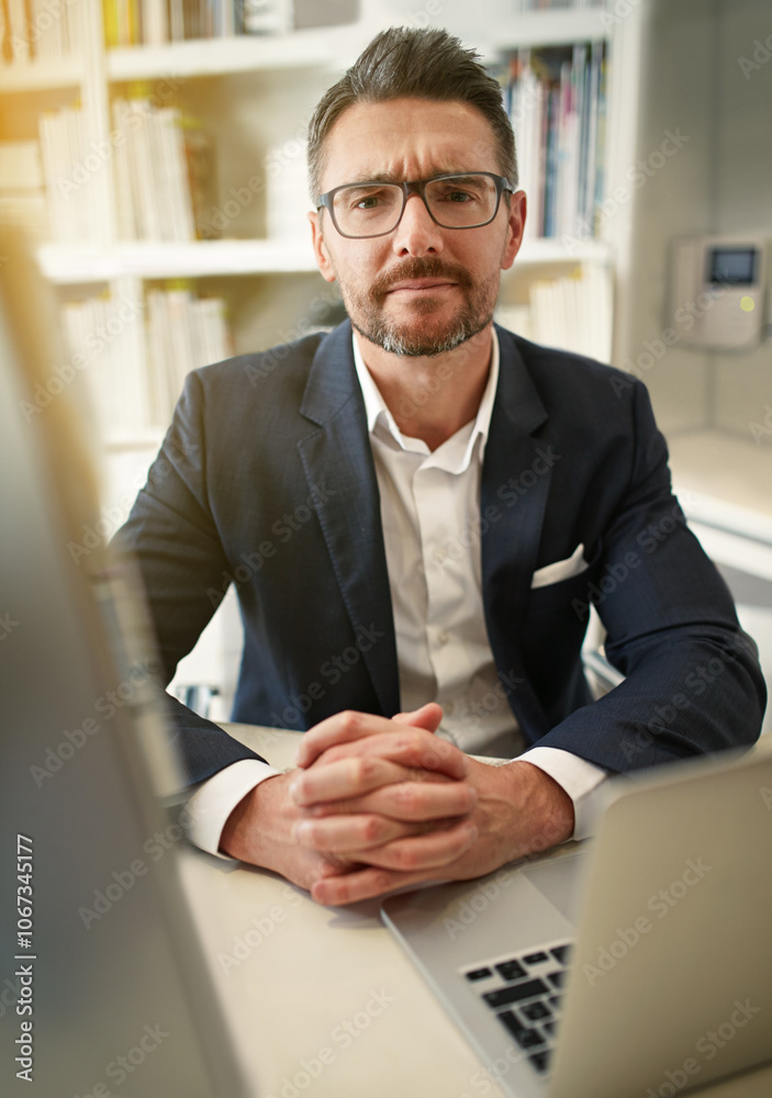 Aufkleber portrait, business and man with laptop, confused and doubt with problem solving. face, mature person