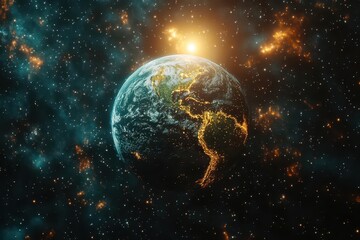 Fototapeta premium small green planet floating in deep space surrounded by twinkling stars evoking a sense of wonder and exploration in a vast universe infused with a magical atmosphere