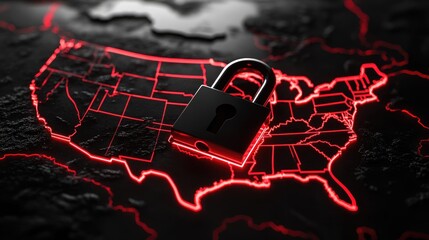 3D Rendering of United States Map with American Flag and Neon Outline. Red Light Waves Forming Padlock Silhouette on White Background