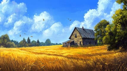 Obraz premium A rustic farmhouse in a golden wheat field, under a clear blue sky,