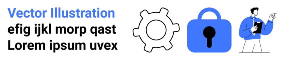 Gear, padlock symbol, and a figure holding documents. Ideal for business strategies, staff management, data security, IT services, corporate training, onboarding, and digital privacy. Banner