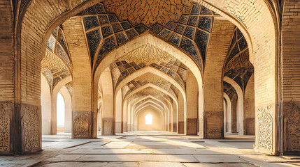 Fototapeta premium Arches of Tranquility : mosque wallpaper. A row of arches stretches into the distance. Sunlight filters through, dappling the courtyard. The symmetry soothes the soul. 