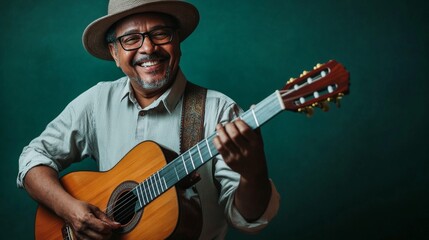 Obraz premium Smiling Man Playing Acoustic Guitar