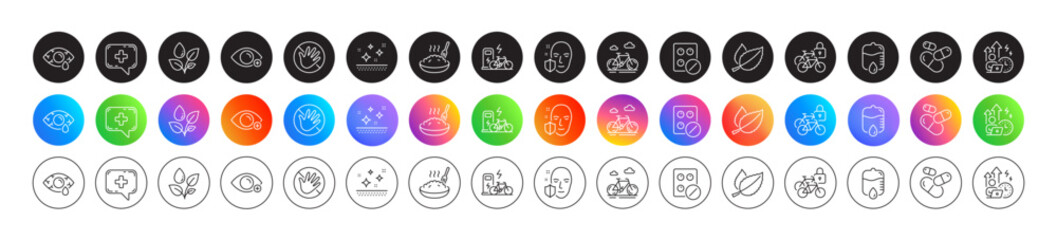 Do not touch, Electric bike and Capsule pill line icons. Round icon gradient buttons. Pack of Mint leaves, Drop counter, Face protection icon. Clean skin, Bike, Farsightedness pictogram. Vector