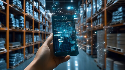 Hand holding smartphone displaying digital map in warehouse environment