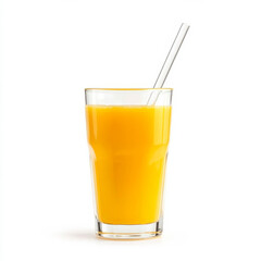 A refreshing glass of orange juice with a straw, isolated on a white background, emphasizing its vibrant color and freshness