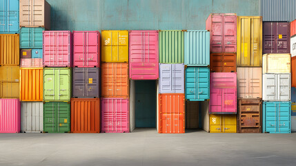 Fototapeta premium Colorful shipping containers stacked in warehouse, creating vibrant scene