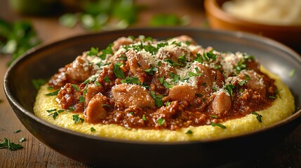 Delve into the rich flavors of hearty bean chili served on creamy polenta for a comforting meal experience