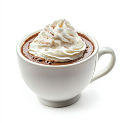 A cup of creamy hot chocolate with whipped cream, isolated on a white background, showcasing a comforting winter drink