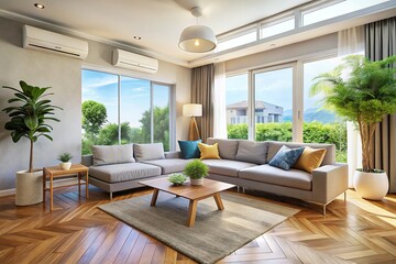 Fototapeta premium Brightly lit contemporary room with a ceiling-mounted air conditioner, ensuring comfortable living. The design enhances both aesthetics and functionality for a welcoming atmosphere.