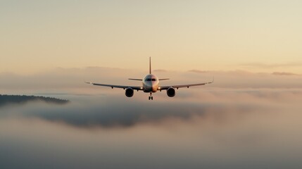 Passenger Jet Flying Through Fog and Rain at Dawn
