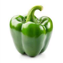 A vibrant green bell pepper with stem, isolated on a white background, emphasizing its crisp and fresh texture