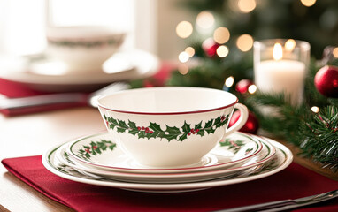 Fototapeta premium A table with a white plate with a red and green design of holly leaves