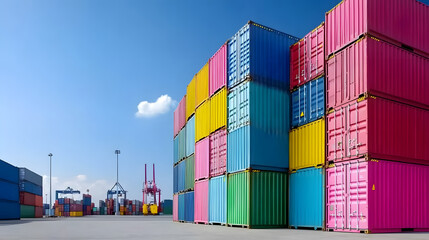 Fototapeta premium Colorful intermodal shipping containers stacked at port under blue sky