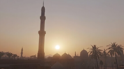 Obraz premium Sunset Minaret : mosque wallpaper. A minaret stands tall, its silhouette etched against a fiery sunset. The call to prayer lingers in the air. 