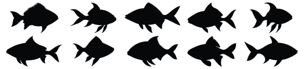 Fish silhouettes set, fishing pack of vector silhouette design, isolated background.