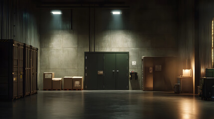 realistic photo of bonded warehouse with storage boxes and doors