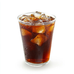 A cup of iced coffee with visible ice cubes, isolated on a white background, showcasing a refreshing drink