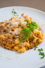 Cavatappi bolognese close up
