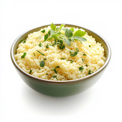 A bowl of couscous with fresh herbs, isolated on a white background, highlighting a versatile side dish