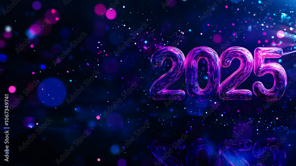 Poster the year 2025 is displayed in pink and blue neon with a sparkly blue background