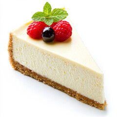 A slice of classic New York-style cheesecake, isolated on a white background, highlighting a rich and creamy dessert