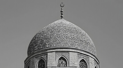Dome of Tranquility : Islamic mosque. Against a clear sky, the mosque’s central dome stands proud. Its intricate geometric patterns—interlocking stars and arabesques—invite contemplation. The 