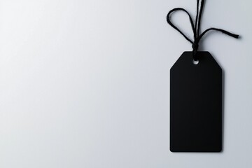 Black tag on white background for labeling and branding purposes.