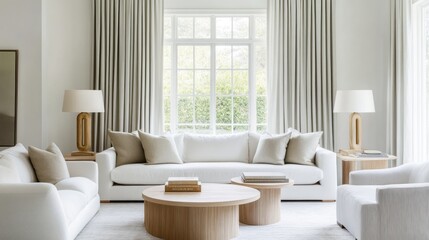 Modern living room with white sofa, wooden tables, and natural light.