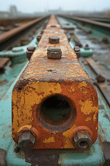The focus is on a rusted metal beam set against the backdrop of railway tracks shrouded in fog, highlighting the wear of time
