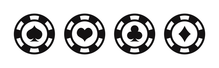 Poker chips icons set. Casino poker chip symbols with star, lucky sign, dollar or empty. Playing poker concept. Vector illustration.