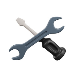 3D render low poly illustration of a wrench and screwdriver
