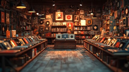 Obraz premium Explore the nostalgic charm of a vintage record store filled with timeless vinyl collections