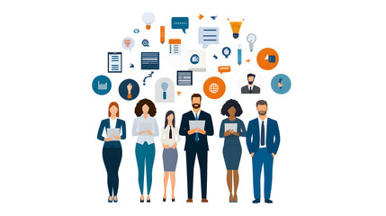 Illustration of diverse professionals engaged in talent acquisition strategies, showcasing teamwork