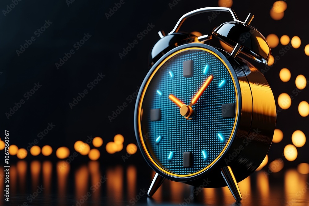 Poster 3d-rendered alarm clock with neon lights and gentle sound waves, symbolizing a modern, digital wake-
