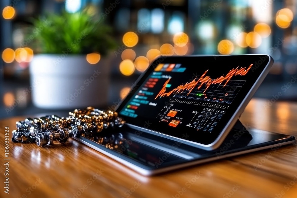 Poster a business analyst reviewing customer demand data on a tablet while overseeing a production floor, s