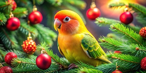 Christmas cheer in feathers: a bright lovebird finds solace on a snowy spruce.