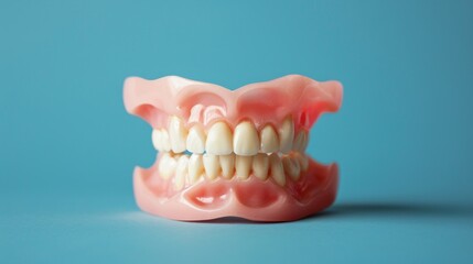 Obraz premium Plastic model teeth in pink and white displayed against blue background, showing lower jaw with molars and bicuspids. Simple, focused dental representation.