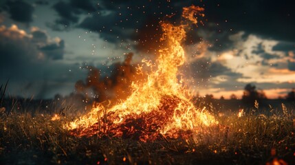 Naklejka premium A large fire rages in a field with dry grass, spreading intensely with dark clouds above. Bright flames contrast with the gloomy sky.